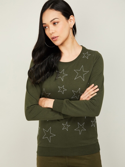 

Fame Forever by Lifestyle Women Olive Green & White Printed Cotton Sweatshirt