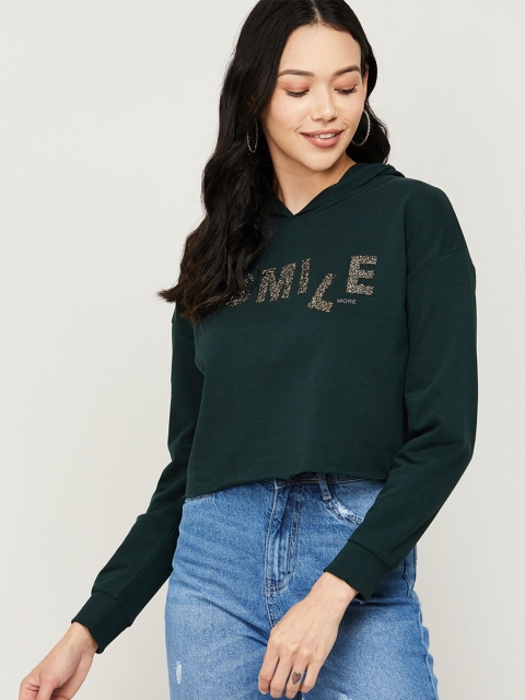 

Ginger by Lifestyle Women Green Printed Hooded Crop Sweatshirt