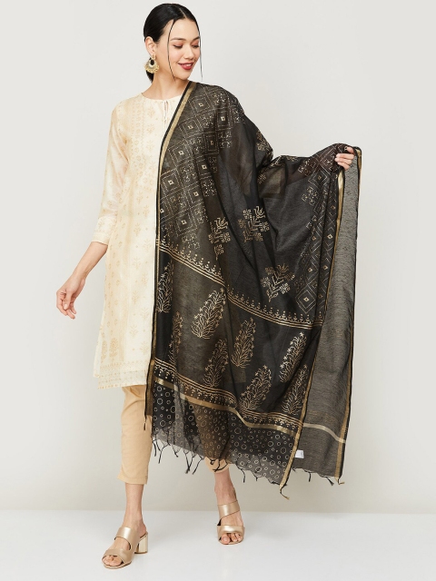 

Melange by Lifestyle Woman Black & Gold-Toned Printed Cotton Silk Dupatta