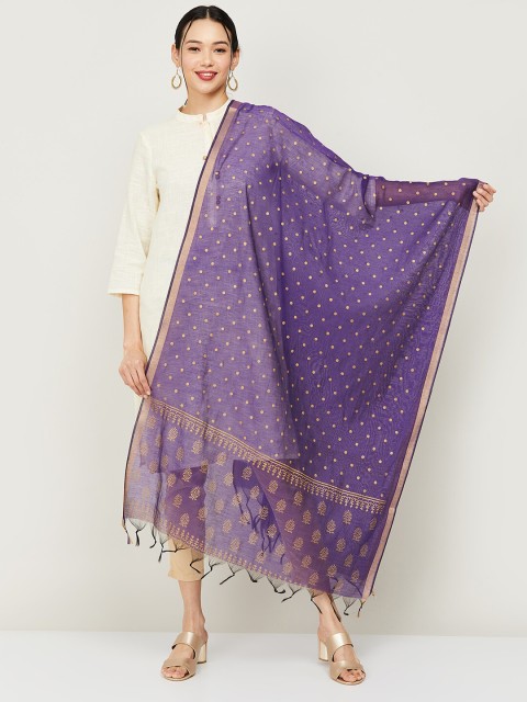 

Melange by Lifestyle Purple & Gold-Toned Ethnic Motifs Printed Cotton Silk Dupatta