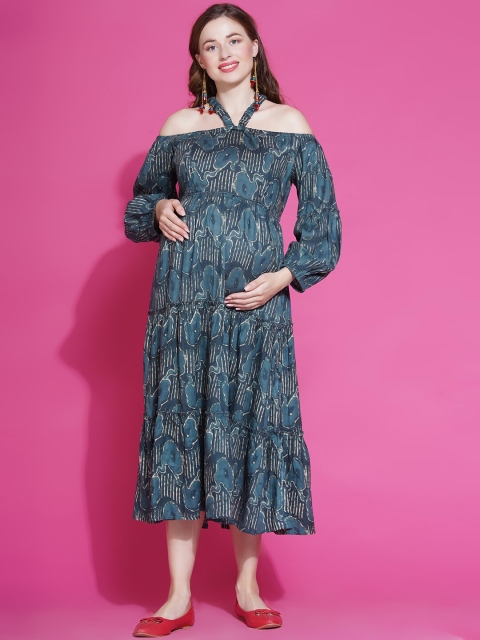 

Mine4Nine Teal Ethnic Motifs Halter Neck Maternity Midi Dress