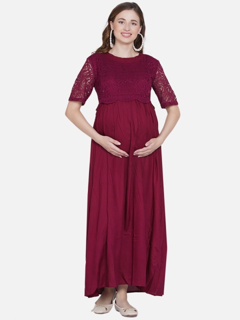 

Mine4Nine Maroon Net Maternity Maxi Dress