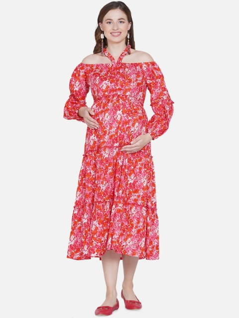 

Mine4Nine Women Orange & Pink Floral Printed Halter Neck Maternity Midi Dress