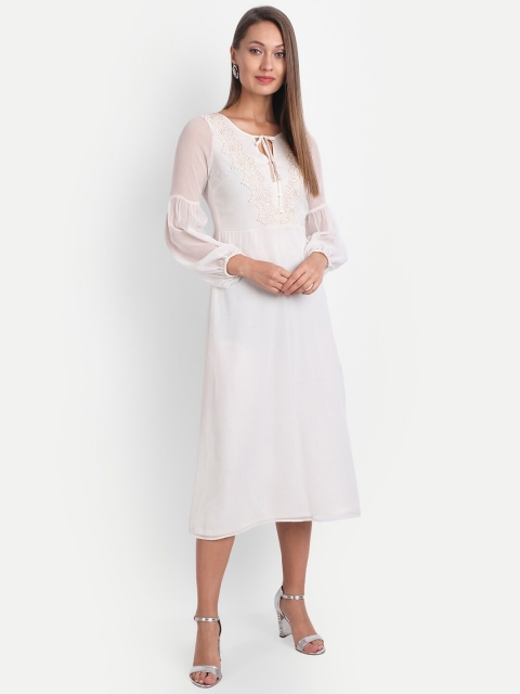

LY2 Women Cream-Coloured Tie-Up Neck Embellished Chiffon Midi Dress