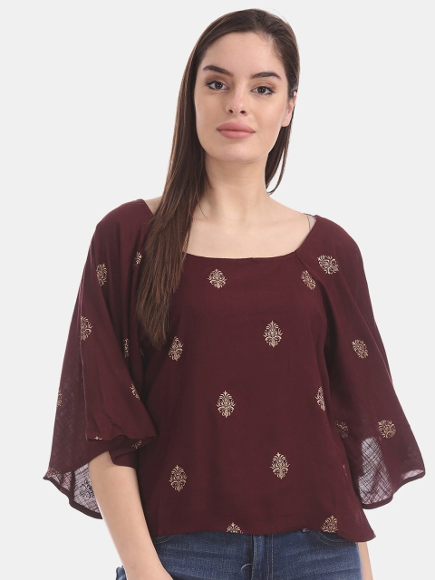 

Bronz Brown Foil Print Flared Sleeve Top