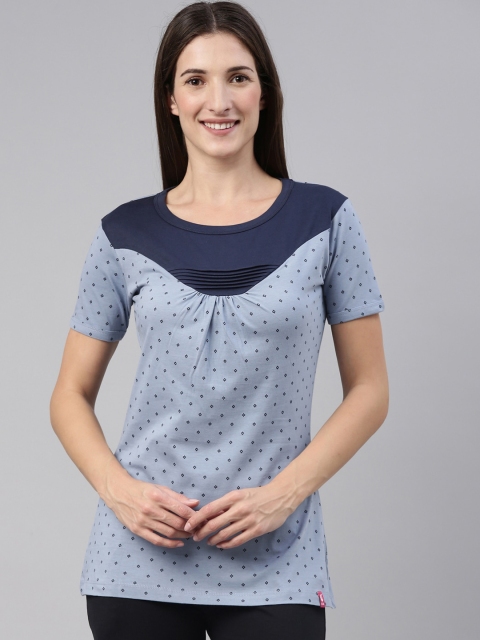 

A3A Women Blue & Navy Blue Printed Pure Cotton Lounge T-Shirt
