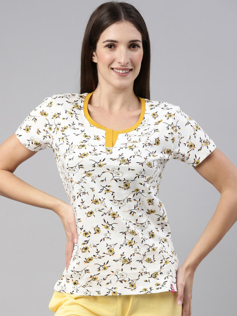 

A3A Women Yellow & White Printed Pure Cotton Lounge T-shirt