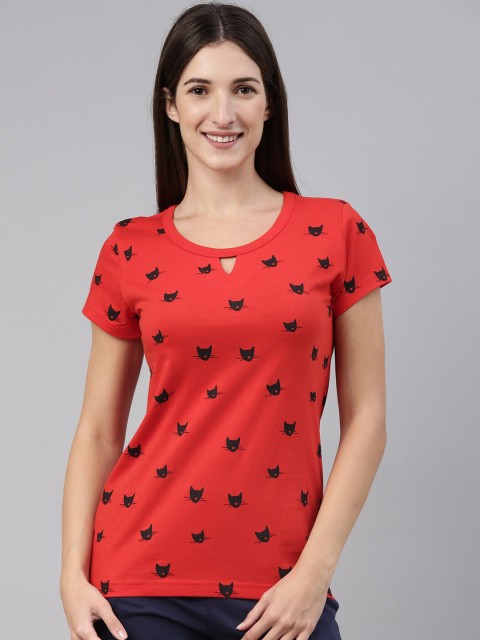 

A3A Women Red & Black Printed Pure Cotton Lounge T-Shirt