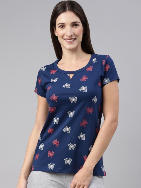 

A3A Women Navy Blue Printed Pure Cotton Lounge T-shirt