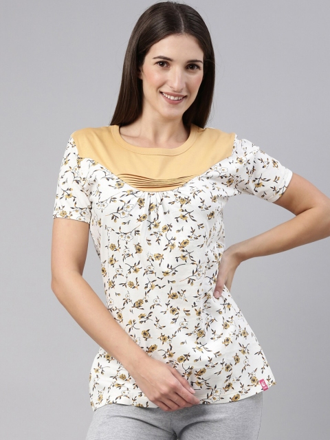 

A3A Women Beige & White Floral Printed Pure Cotton Lounge T-Shirt