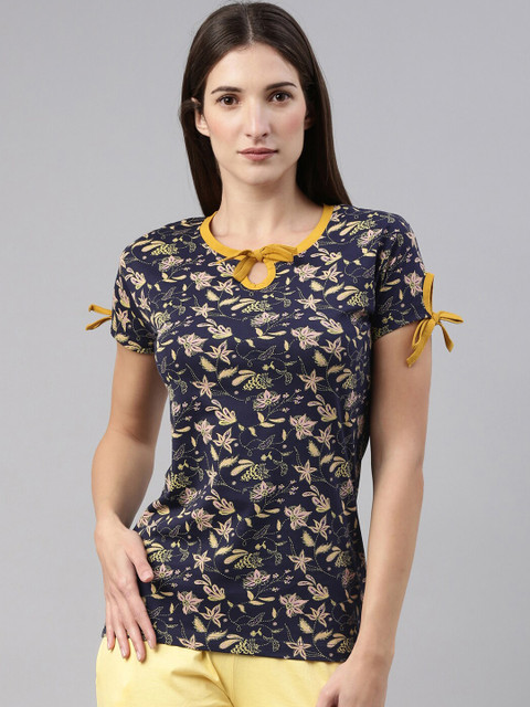 

A3A Women Navy Blue & Yellow Printed Pure Cotton Lounge T-shirt