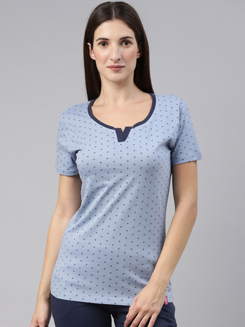 

A3A Women Blue Printed Pure Cotton Lounge T-Shirt