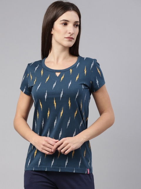 

A3A Women Blue & Yellow Printed Pure Cotton Lounge T-Shirt