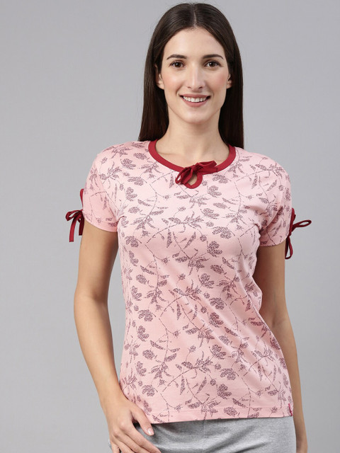 

A3A Women Pink & Red Floral Printed Pure Cotton Lounge T-shirt