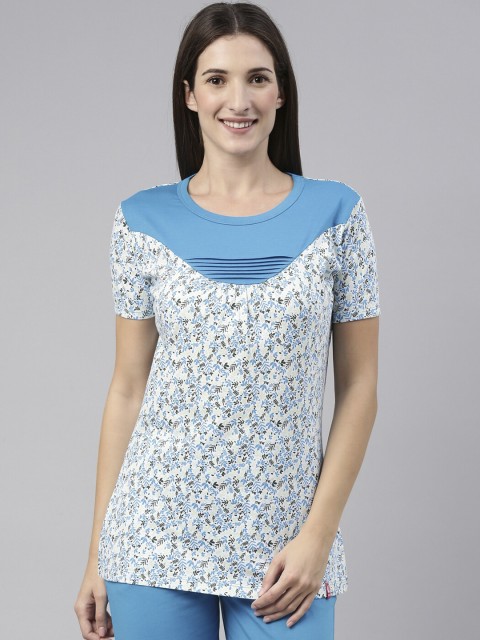 

A3A Women Blue & White Printed Pure Cotton Lounge T-Shirt