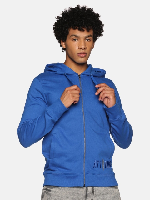 

ATTIITUDE Men Blue Embroidered Pure Cotton Hooded Sweatshirt