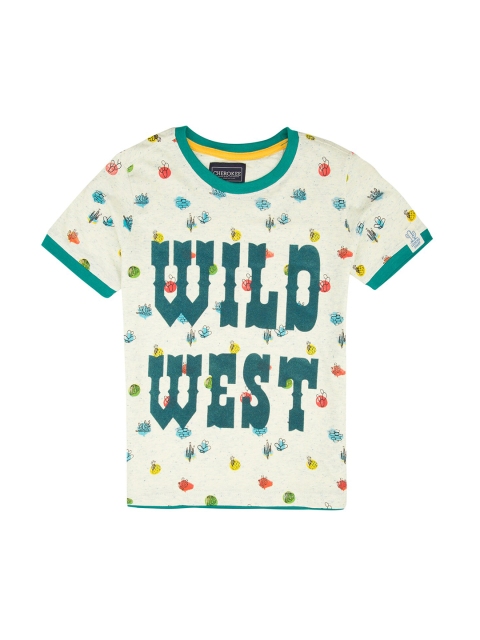 

Cherokee Boys White & Green Printed Pure Cotton T-shirt
