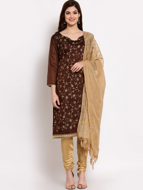 

SERONA FABRICS Brown & Gold-Toned Embroidered Unstitched Dress Material