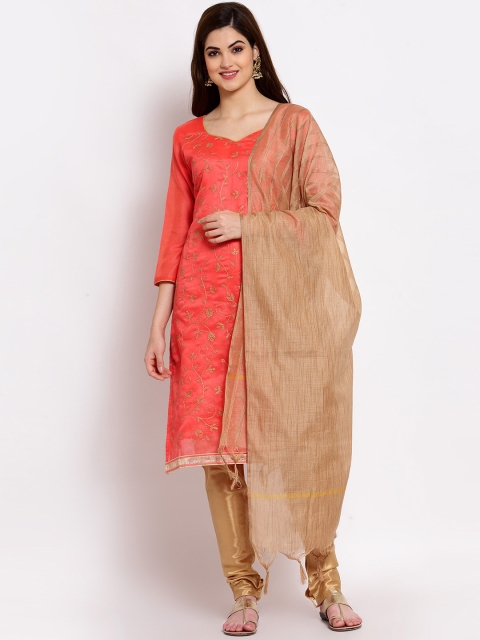 

SERONA FABRICS Pink & Gold-Toned Embroidered Unstitched Dress Material