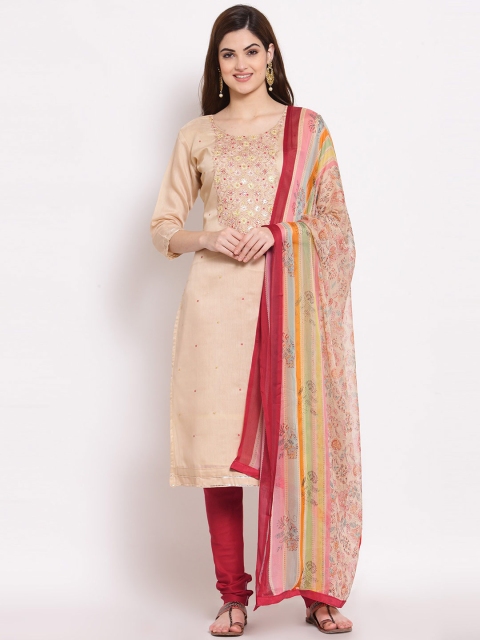 

SERONA FABRICS Women Cream & Red Embroidered Unstitched Dress Material