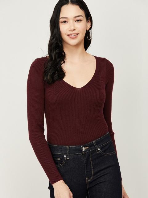 

Ginger by Lifestyle Burgundy Solid Long Sleeve Fitted Top