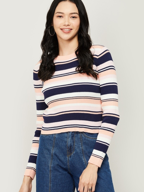 

Ginger by Lifestyle Navy Blue Striped Regular Crop Top
