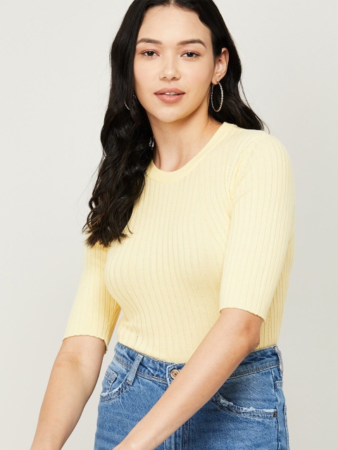 

Ginger by Lifestyle Yellow Solid Three Quarter Sleeve Fitted Top