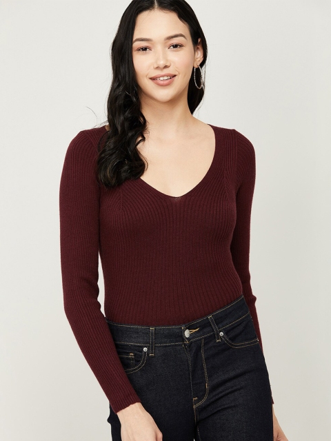 

Ginger by Lifestyle Maroon Ribbed Fitted Top