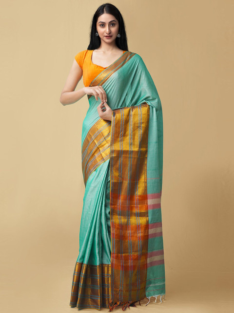 

Unnati Silks Green & Gold Solid Pure Cotton Narayanpet Saree