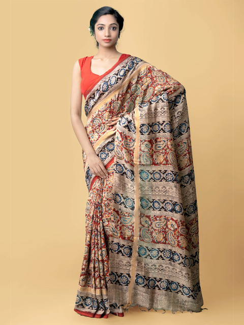 

Unnati Silks Red & Blue Kalamkari Pure Block Printed Kalamkari Silk Saree