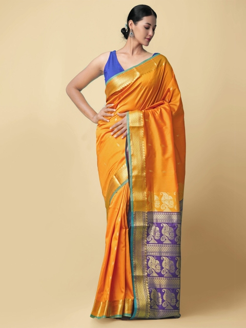 

Unnati Silks Yellow & Blue Woven Design Zari Silk Blend Kanjeevaram Saree