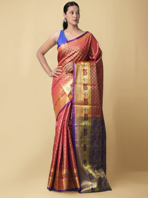 

Unnati Silks Red & Blue Woven Design Zari Silk Blend Kanjeevaram Saree