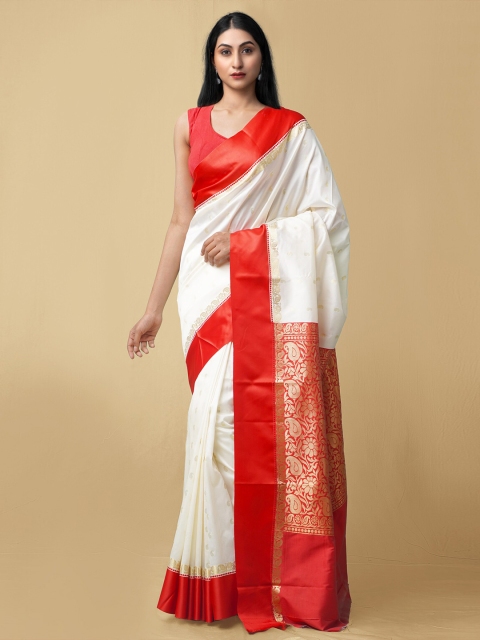 

Unnati Silks Cream-Coloured & Red Ethnic Motifs Zari Silk Blend Kanjeevaram Saree