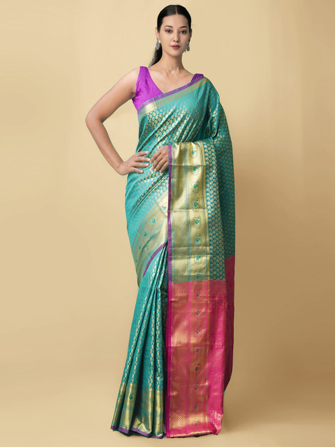 

Unnati Silks Green & Pink Woven Design Zari Silk Blend Kanjeevaram Saree