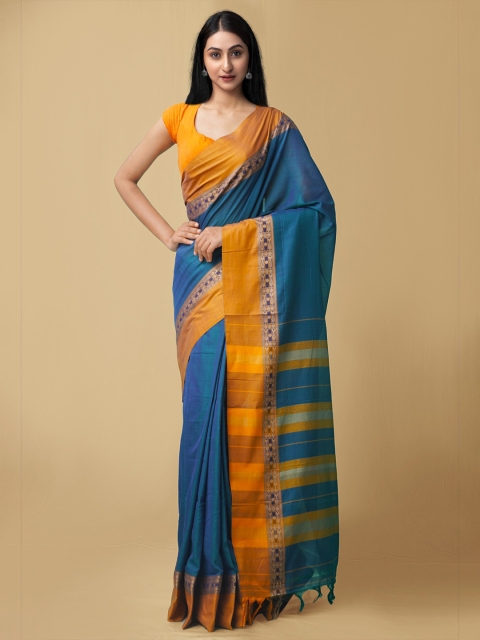 

Unnati Silks Turquoise Blue & Mustard Narayan Peth Pure Cotton Saree