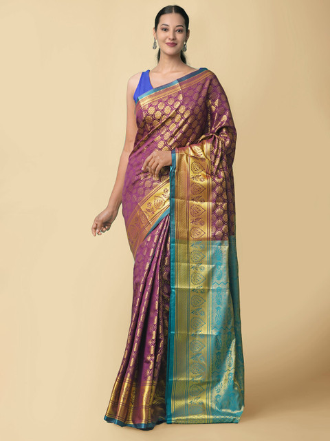 

Unnati Silks Purple & Blue Woven Design Zari Silk Blend Kanjeevaram Saree