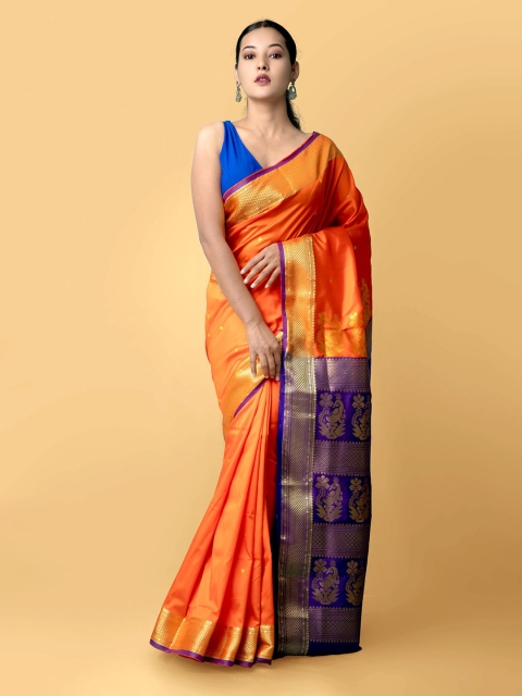 

Unnati Silks Orange & Blue Woven Design Zari Silk Blend Kanjeevaram Saree