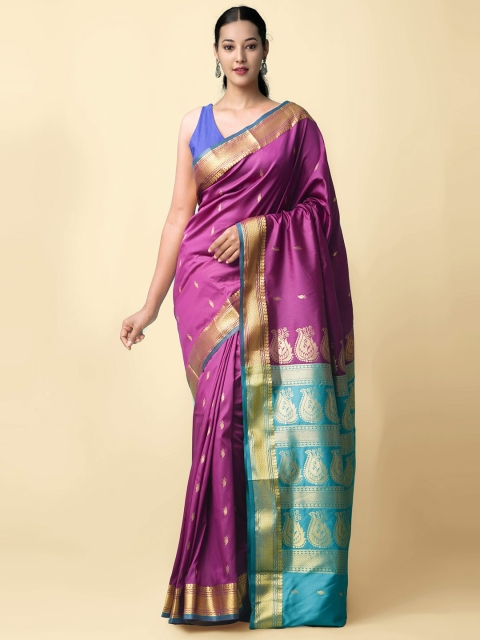 

Unnati Silks Purple & Blue Woven Design Zari Silk Blend Kanjeevaram Saree