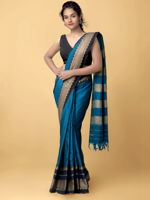

Unnati Silks Blue & Black Zari Pure Cotton Narayan Peth Saree