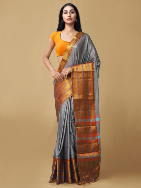 

Unnati Silks Grey & Orange Zari Pure Cotton Narayan Peth Saree
