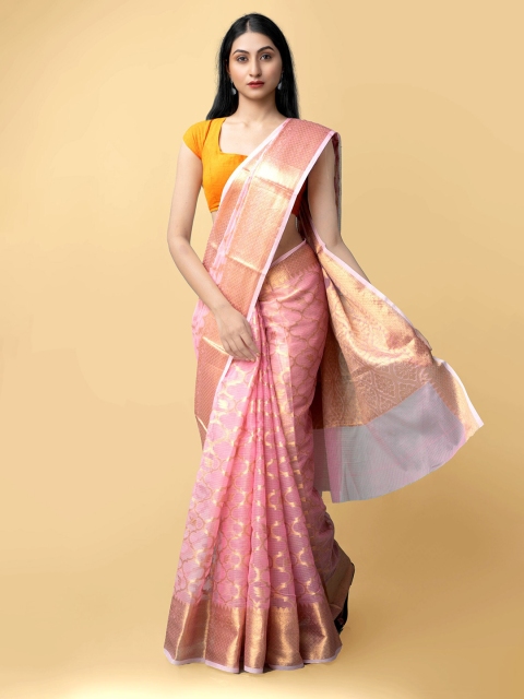 

Unnati Silks Pink & Gold Ethnic Motifs Zari Silk Cotton Kota Saree