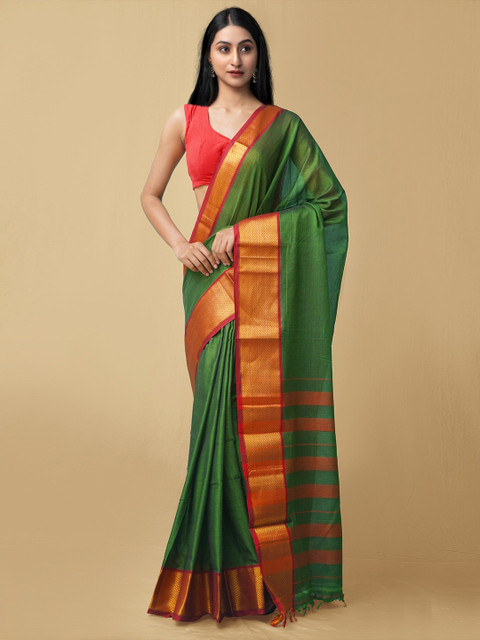 

Unnati Silks Green & Red Pure Handloom Narayanpet Cotton Saree