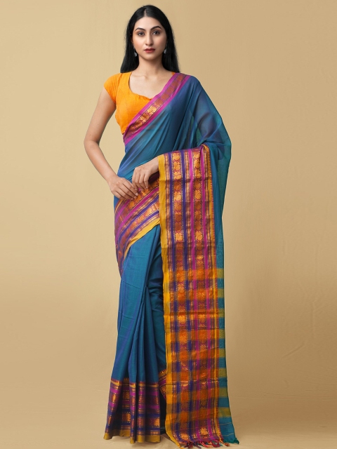 

Unnati Silks Blue & Mustard Pure Cotton Narayan Peth Saree