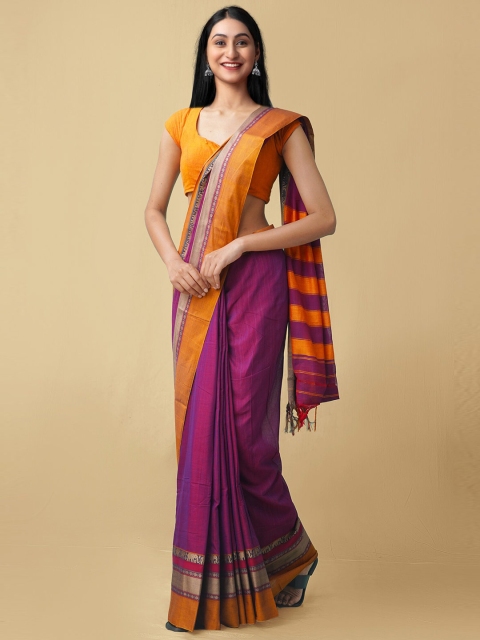 

Unnati Silks Purple & Orange Zari Pure Cotton Narayan Peth Saree