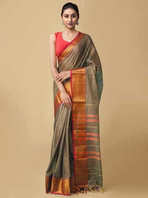 

Unnati Silks Brown & Red Zari Pure Cotton Narayan Peth Saree