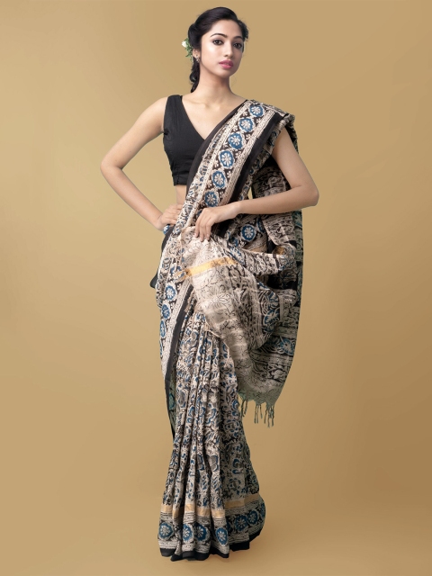 

Unnati Silks Cream-Coloured Kalamkari Printed Pure Silk Saree