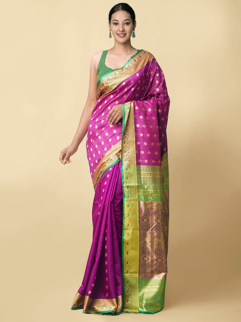 

Unnati Silks Pink & Green Woven Design Zari Silk Blend Kanjeevaram Saree