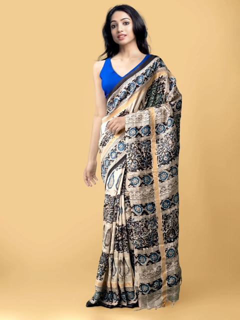 

Unnati Silks Cream-Coloured & Black Pure Block Printed Kalamkari Silk Saree