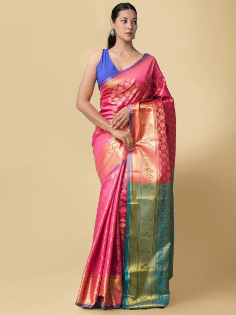 

Unnati Silks Pink & Blue Woven Design Zari Silk Blend Kanjeevaram Saree