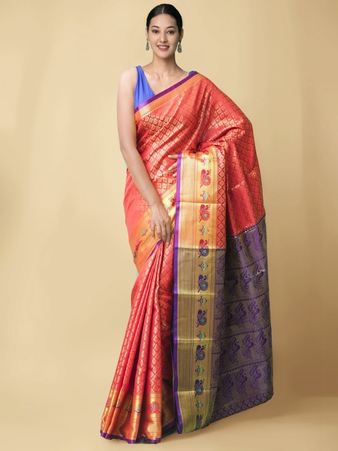 

Unnati Silks Orange & Violet Woven Design Zari Silk Blend Kanjeevaram Saree